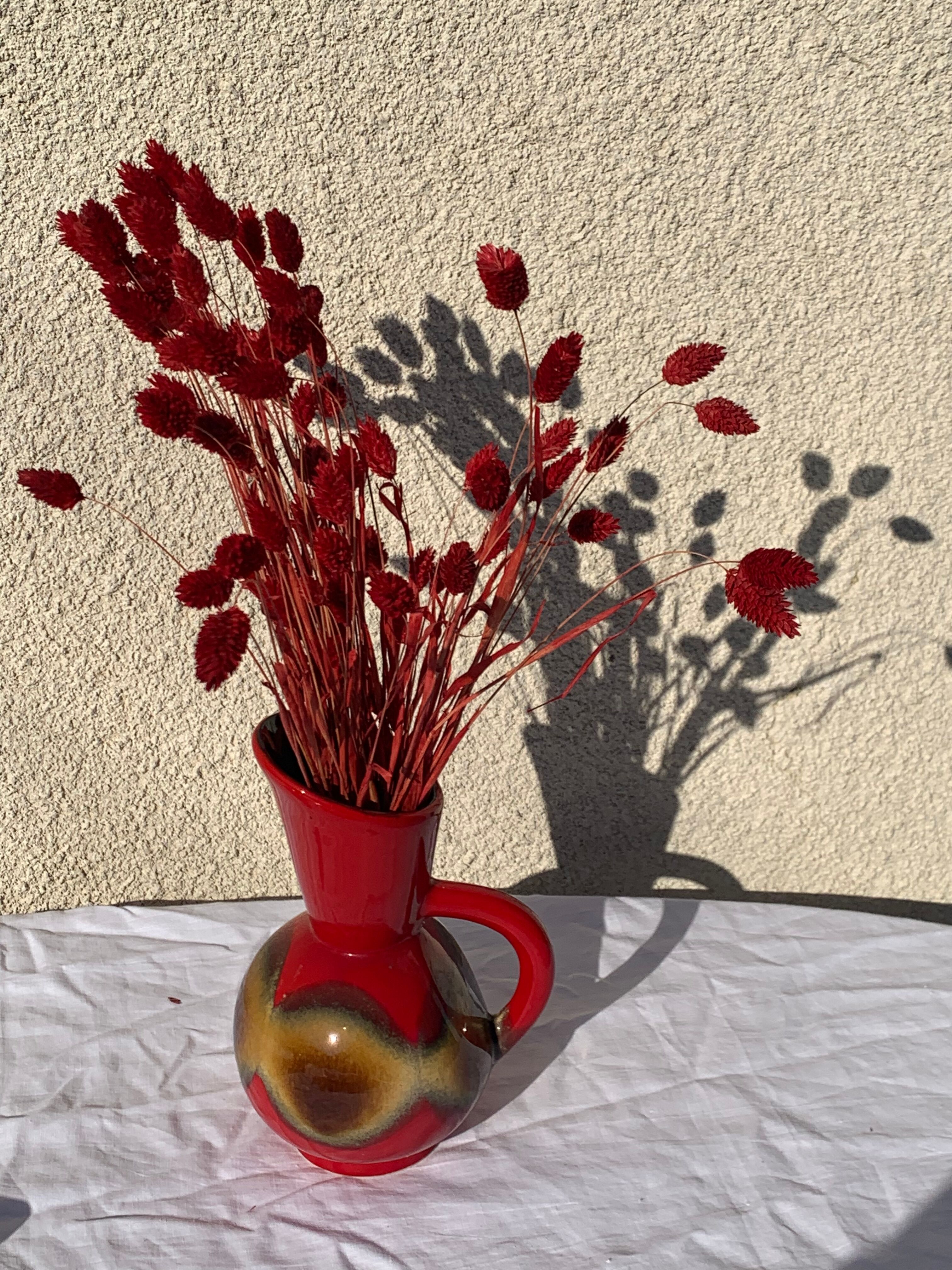 Red and beige glazed ceramic jug, pitcher, carafe, designer and vintage