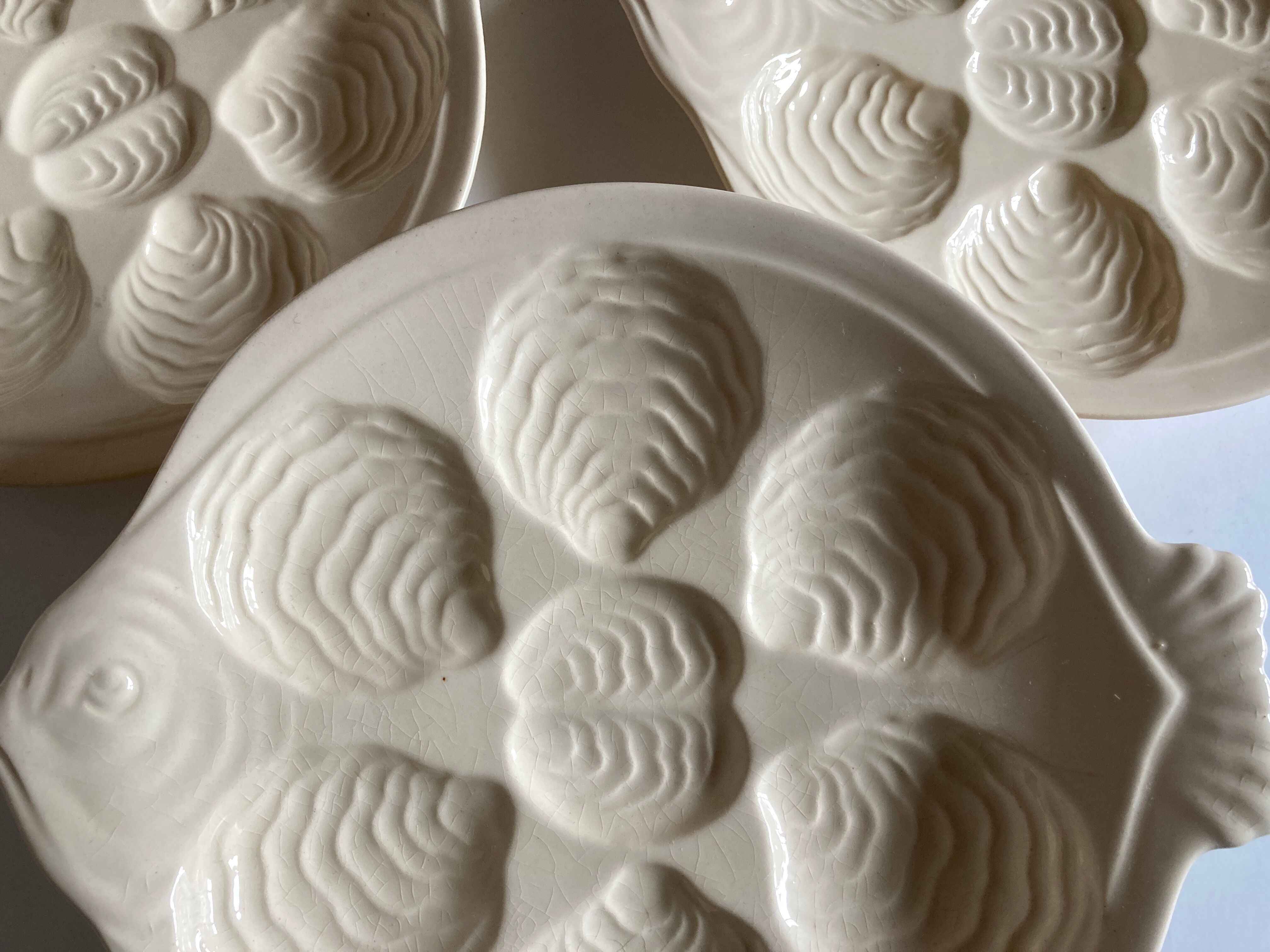 Set of 6 plates fish with oysters in ivory faience 1960
