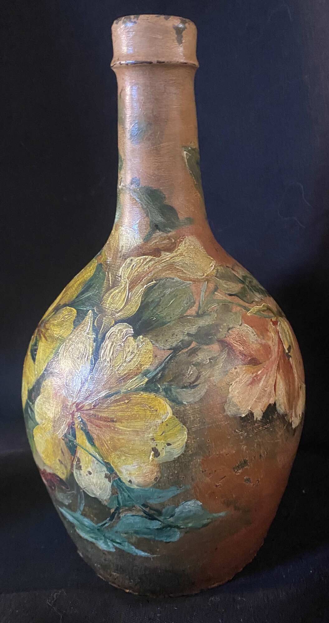 Beautiful bottle B old sandstone painted with floral motifs Folk art Puisaye