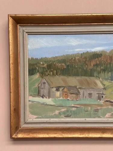 Oil on Panel “Landscape with a Hut” by Carl Einar, Vintage & Framed 38.5×32cm