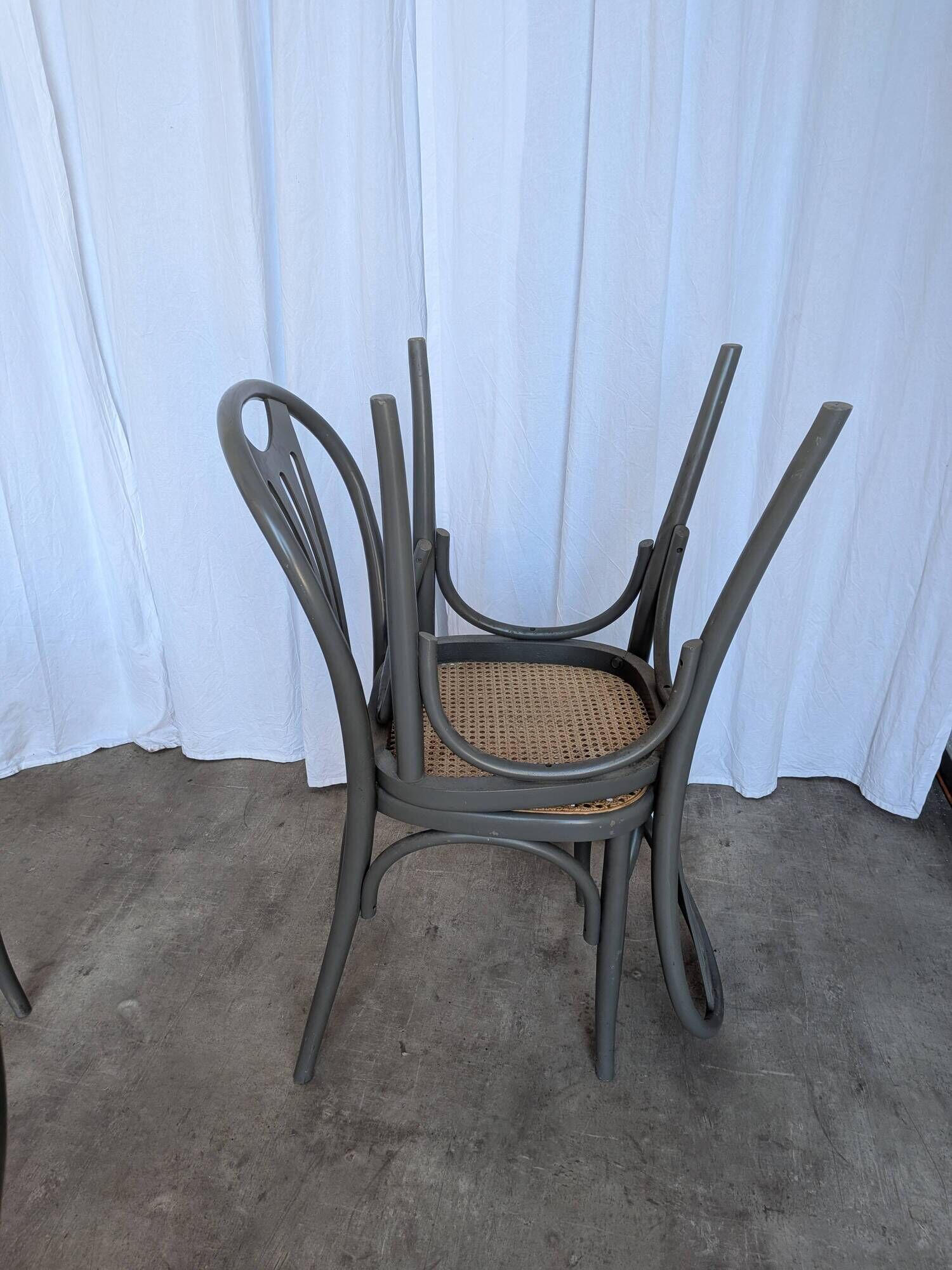 Set of 8 Vintage Gray Bentwood Dining Chair: Thonet Style Cane Seat
