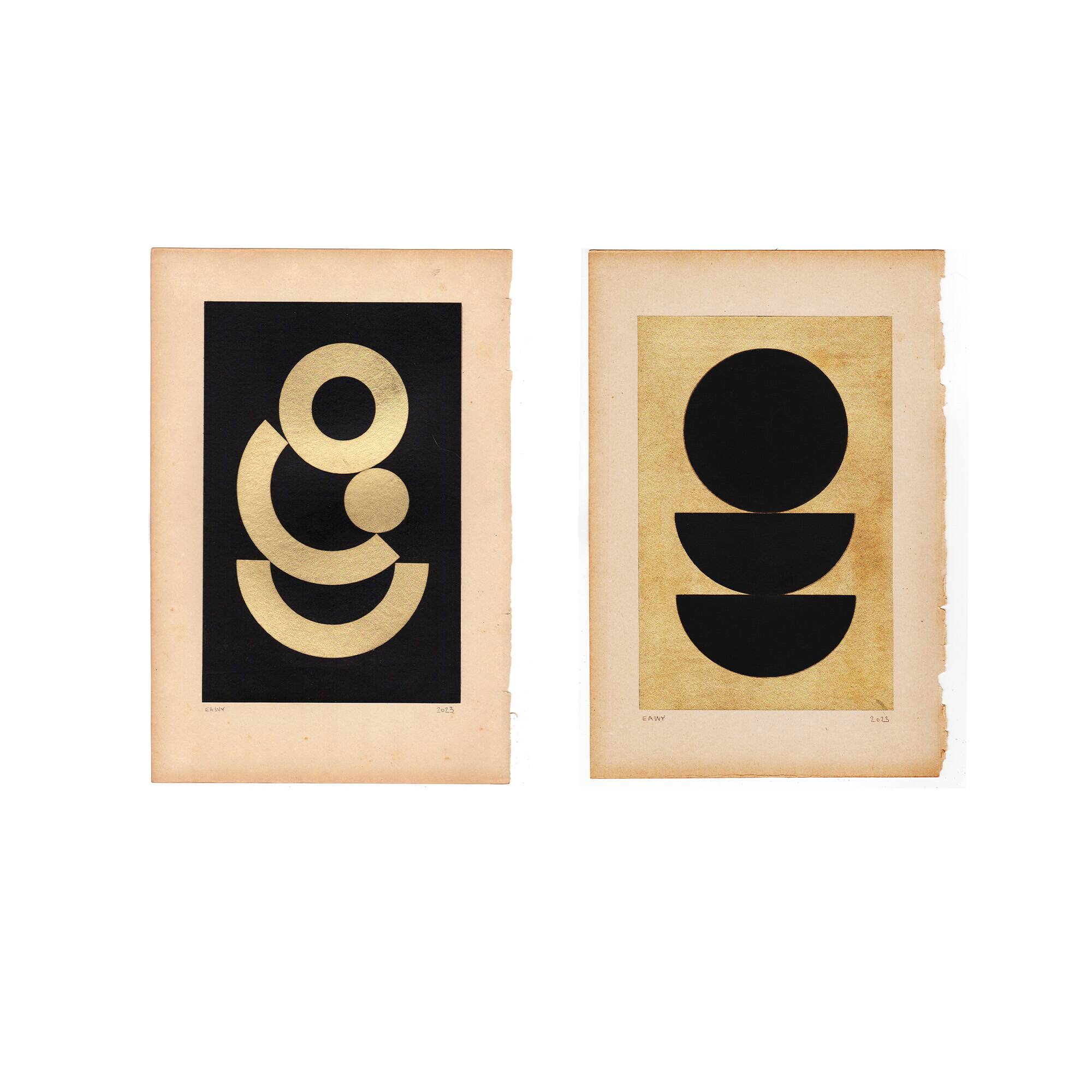 Duo de Collages sur papier noir et doré signée Eawy