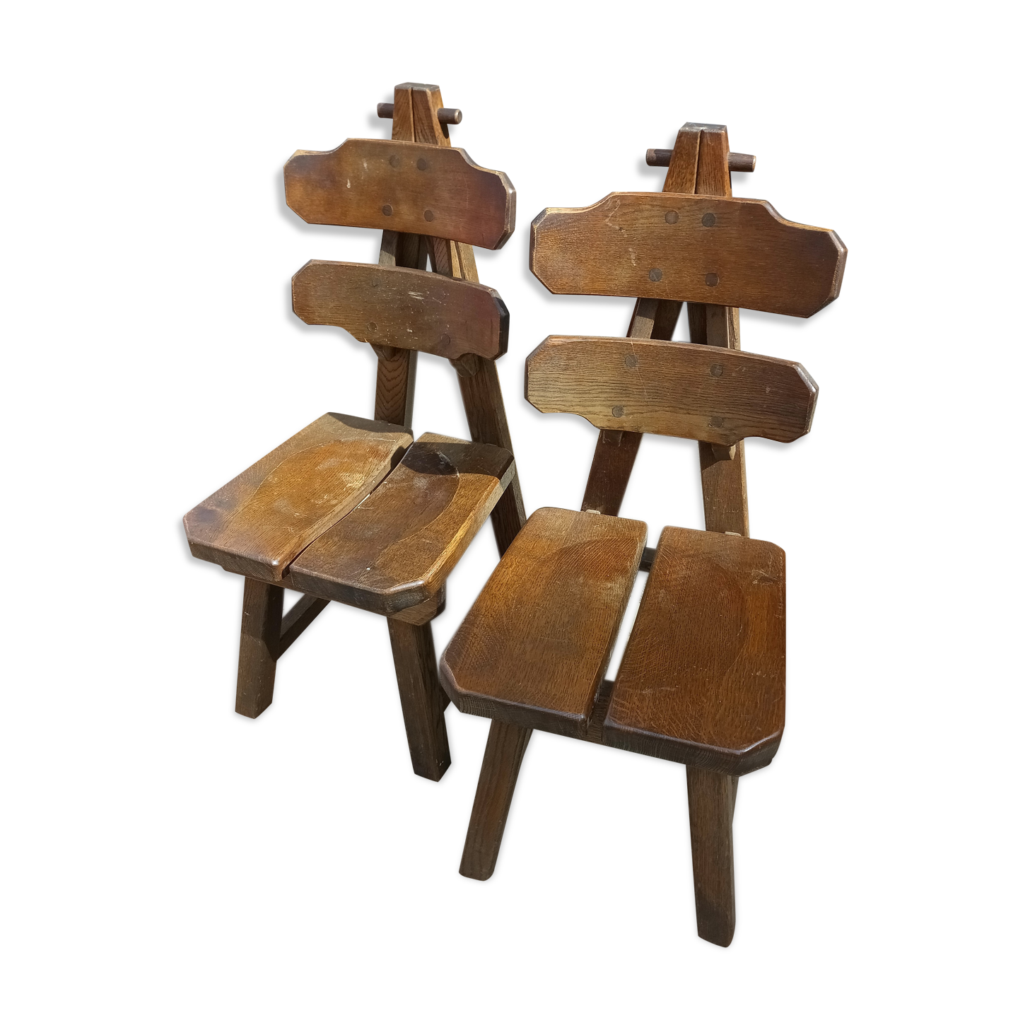 Spanish Brutalist Solid Oak Chairs, 1970s, Set of 2