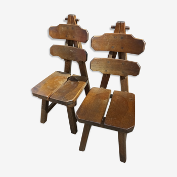 Spanish Brutalist Solid Oak Chairs, 1970s, Set of 2