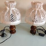 Pair of turned wooden bedside lamps and lace/vintage lampshade 60s-70s