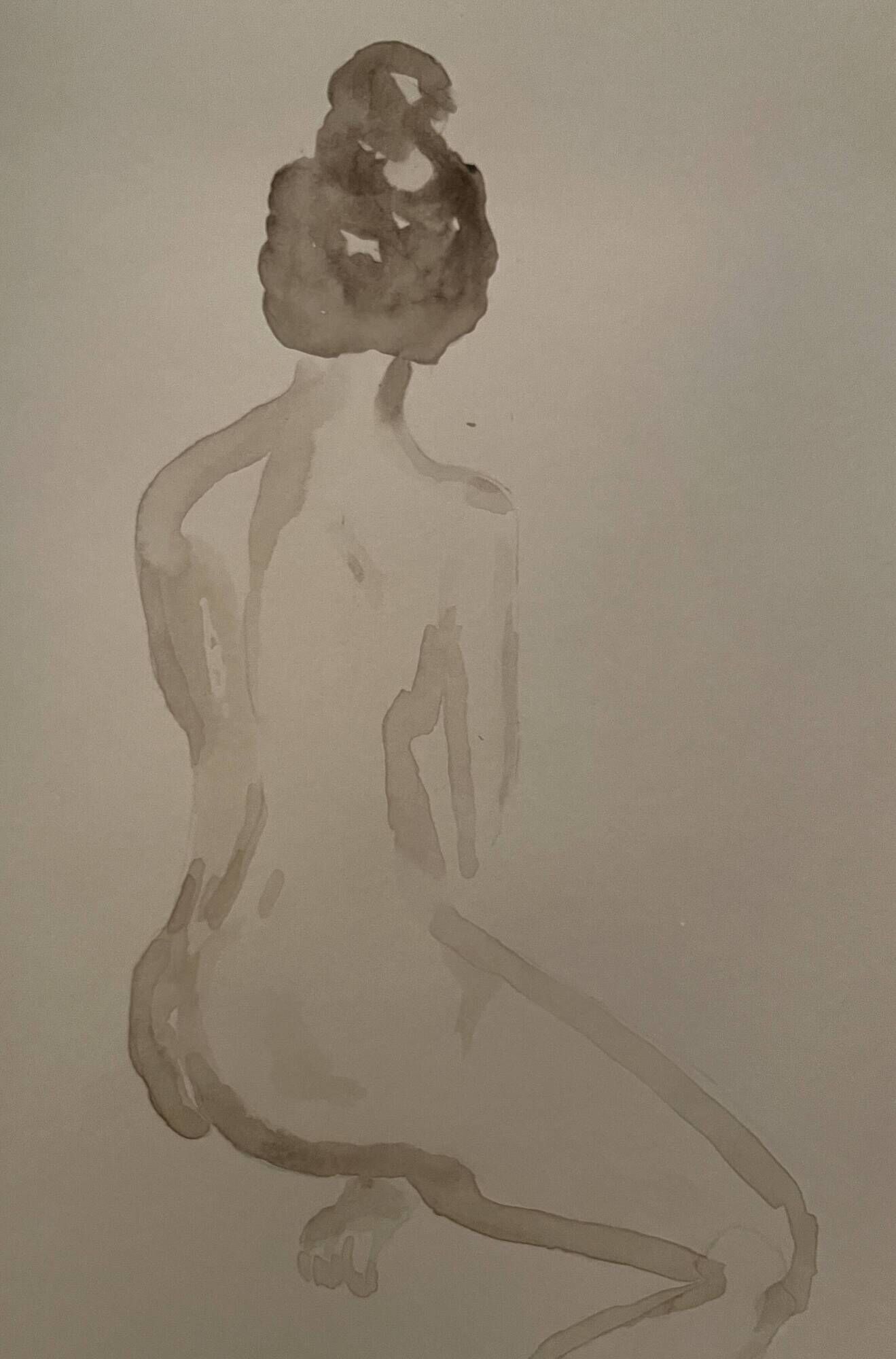 Signed painting monochrome watercolor sepia female portrait "the wait"