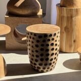 Coffee table, or openwork cubic stool in natural monoxyle mango wood H40.