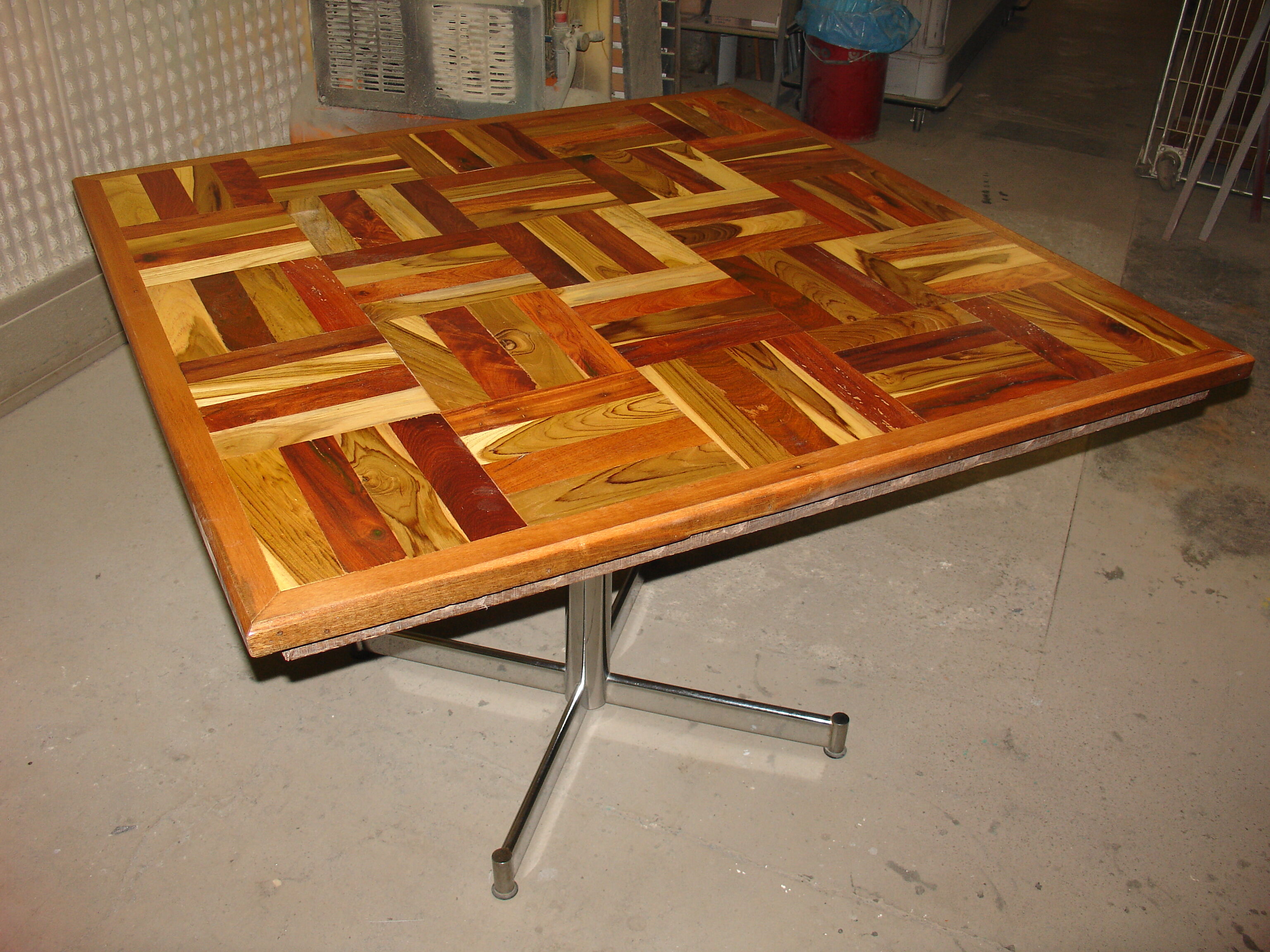 Square table in solid wood mosaic with chrome base, circa 1970