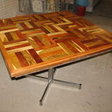 Square table in solid wood mosaic and foot chrome around 1970