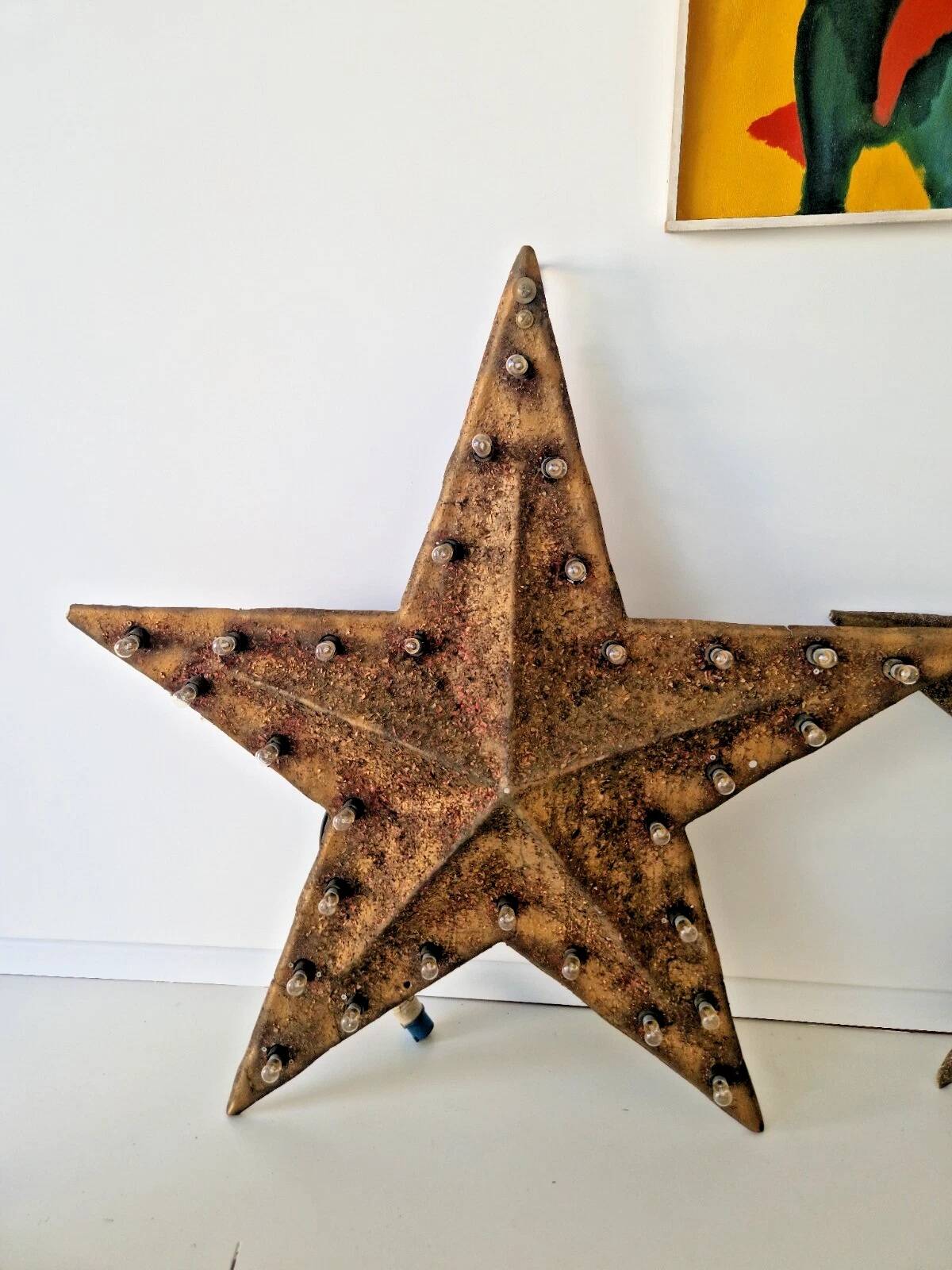 Pair of Vintage Industrial Marquee Star Wall Lights Distressed Gold Finish 1960s