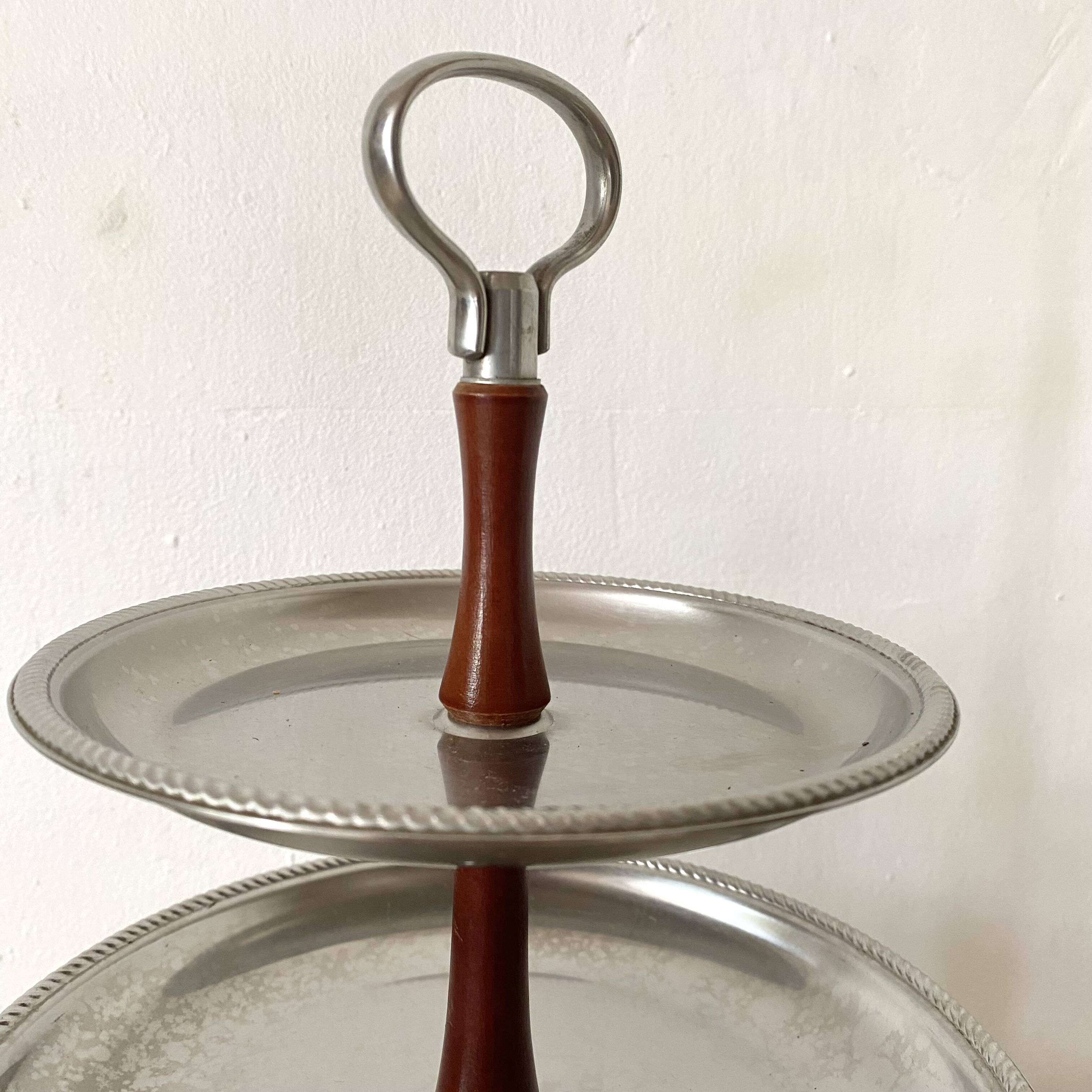 Présentoir à Gâteaux Vintage 2 étages En Métal Argenté - Plateau De Service