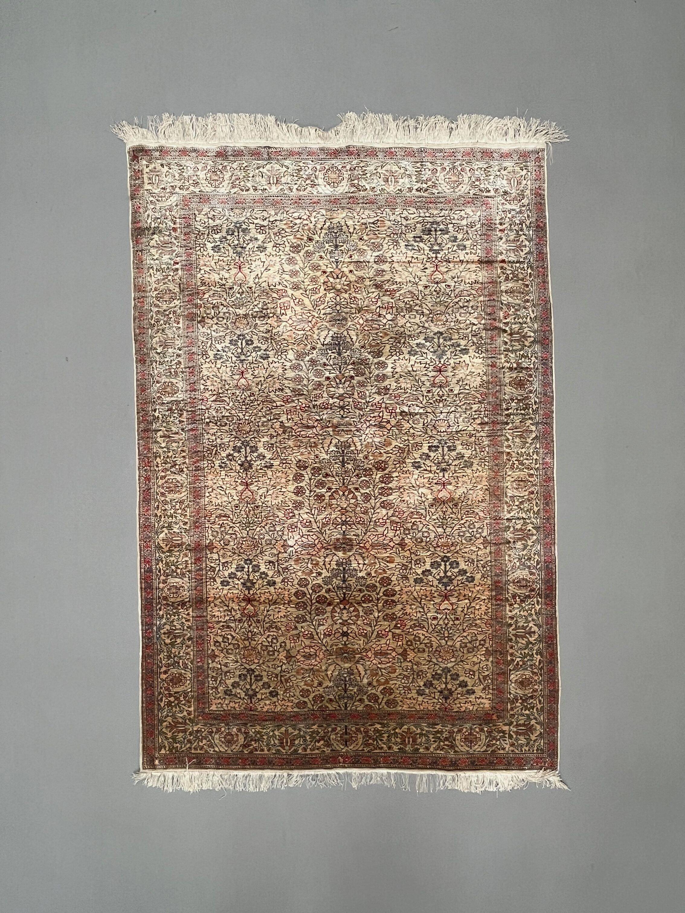 Vintage Turkish Silk Rug, 180x116 cm, Kayseri, Pink Blue Green, Handmade