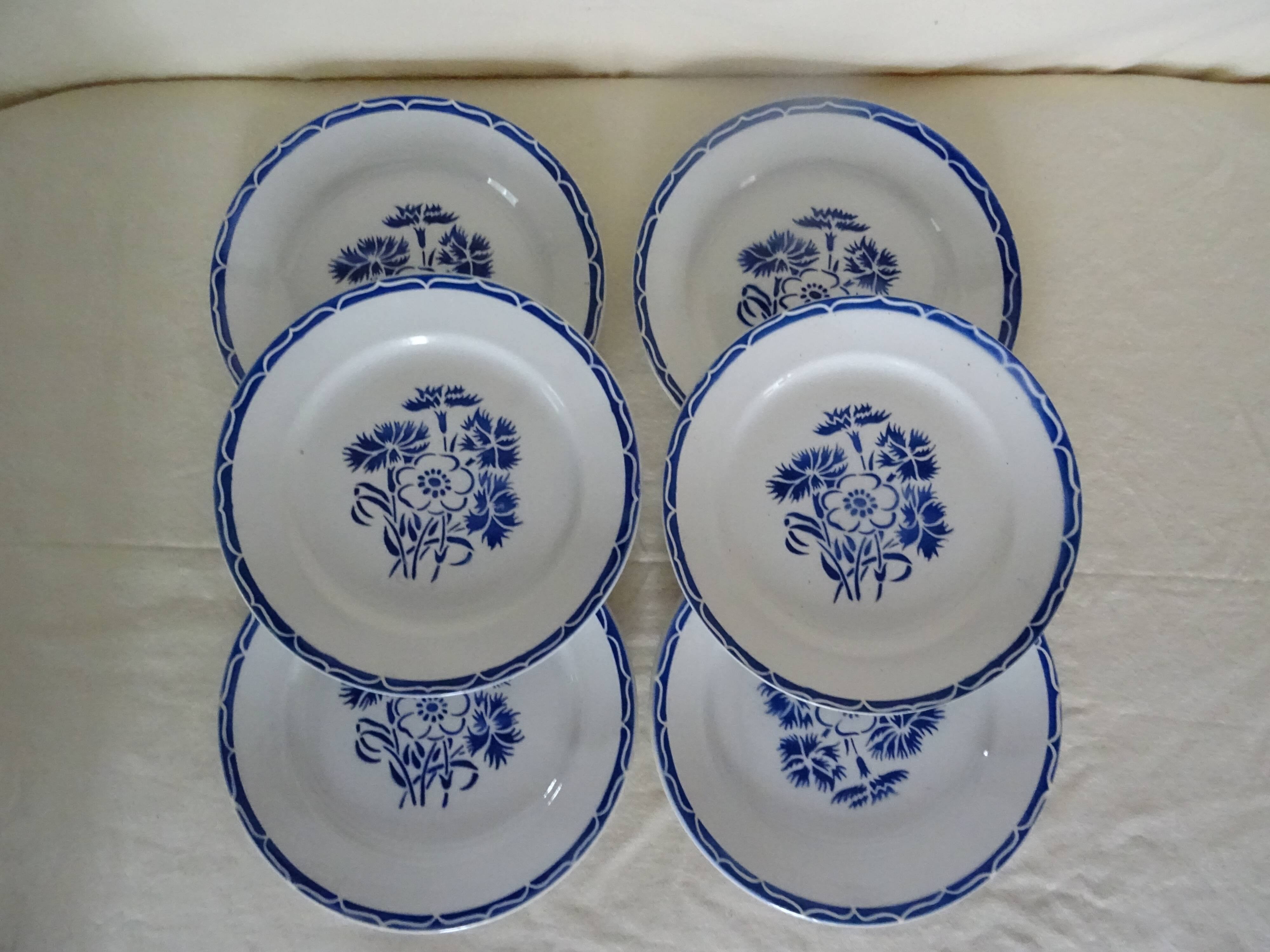 6 flat plates Lunéville old faience 388112 blue flowers