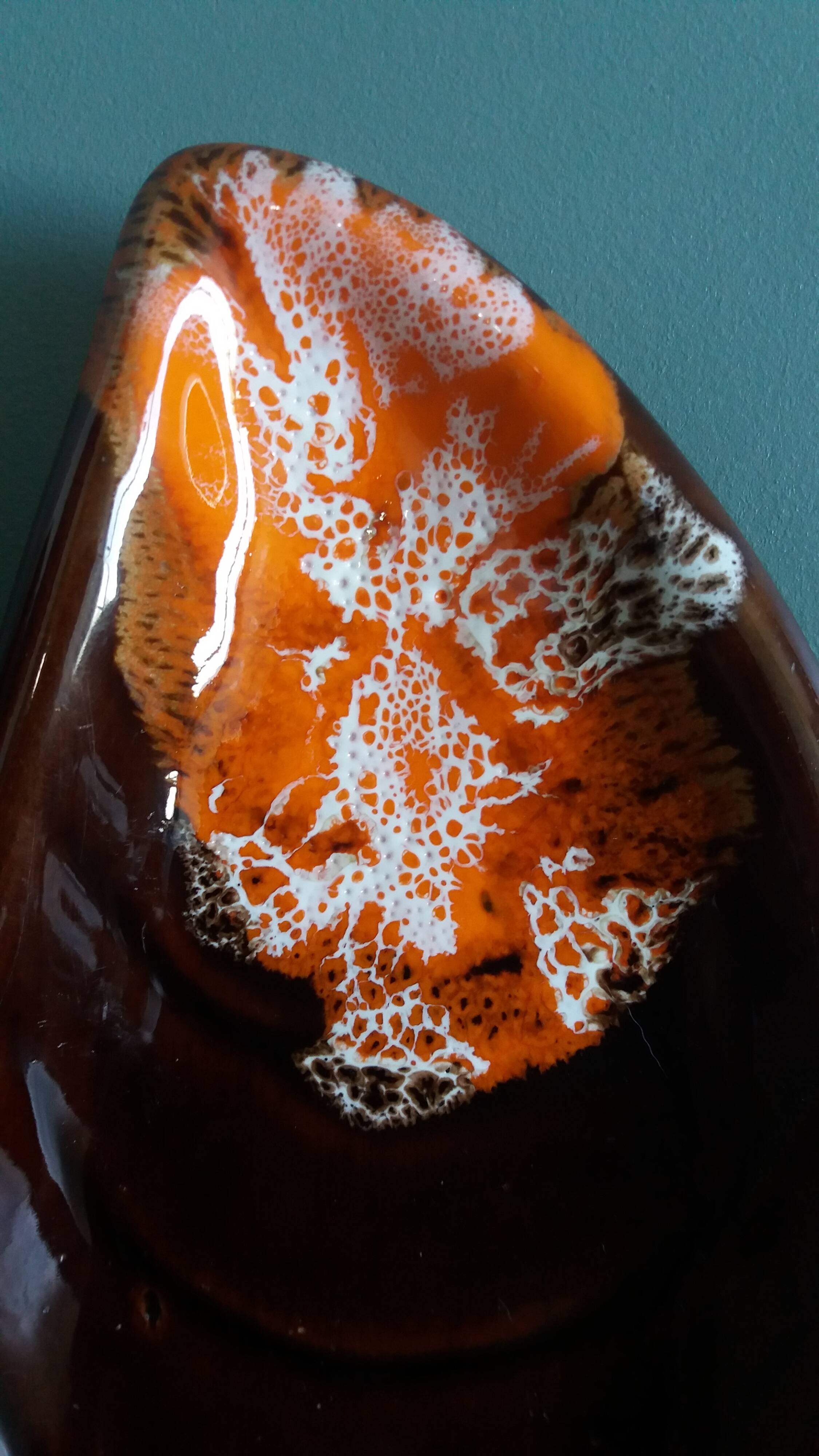Shell-shaped catchall or butter dish in flamed ceramic style Vallauris.