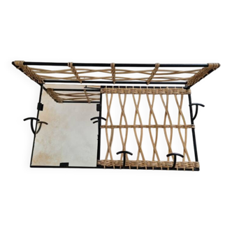 Porte manteau design en rotin et métal à 5 patères et miroir - style raoul guys