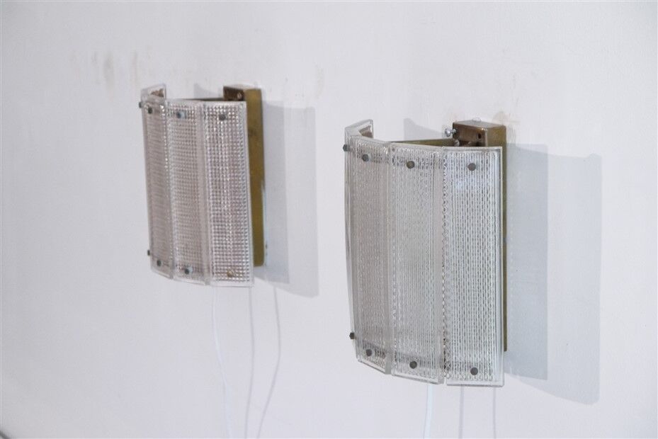 Pair of Scandinavian wall lights in brass and glass 1970