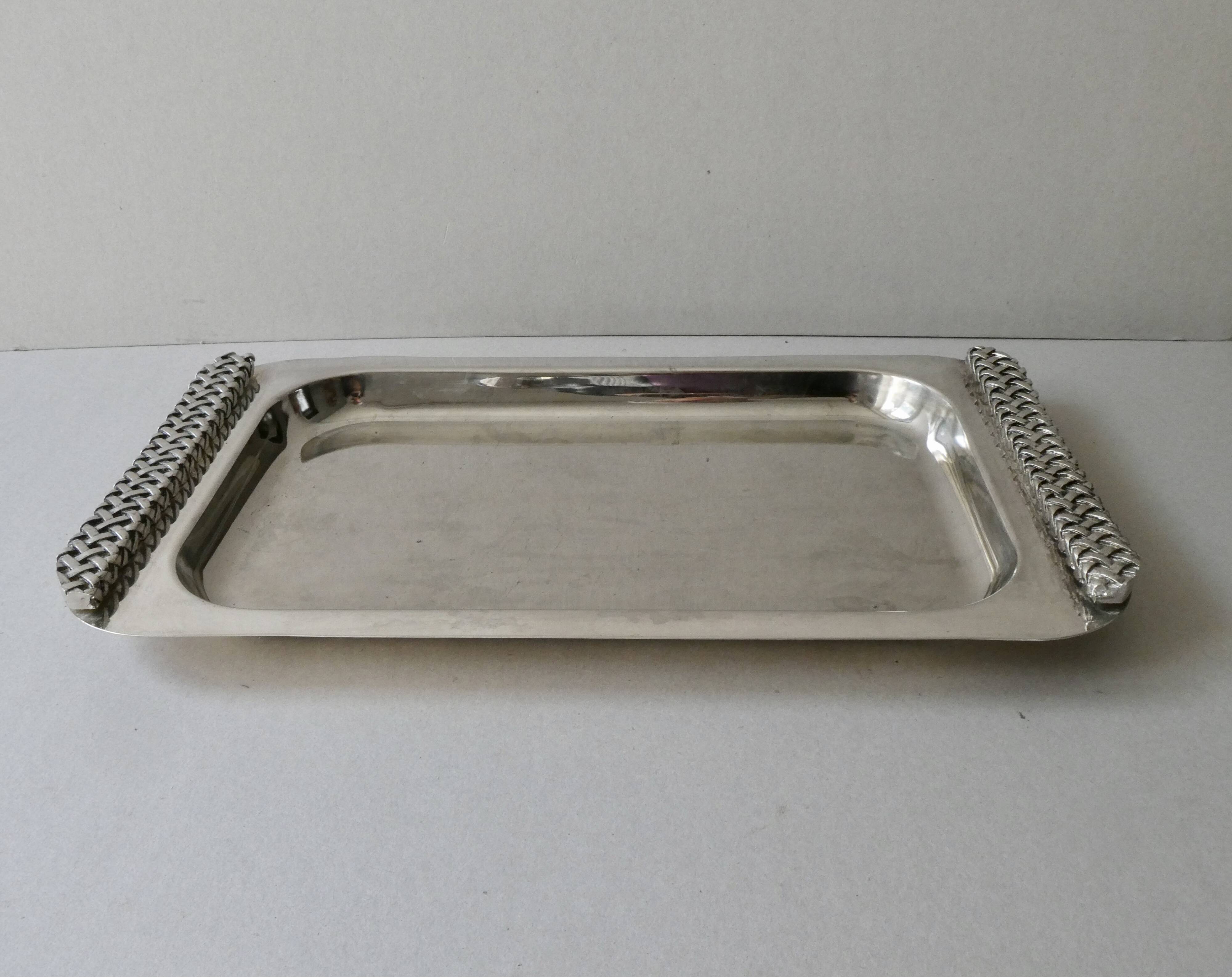 Silver metal tray with braided effect handles
