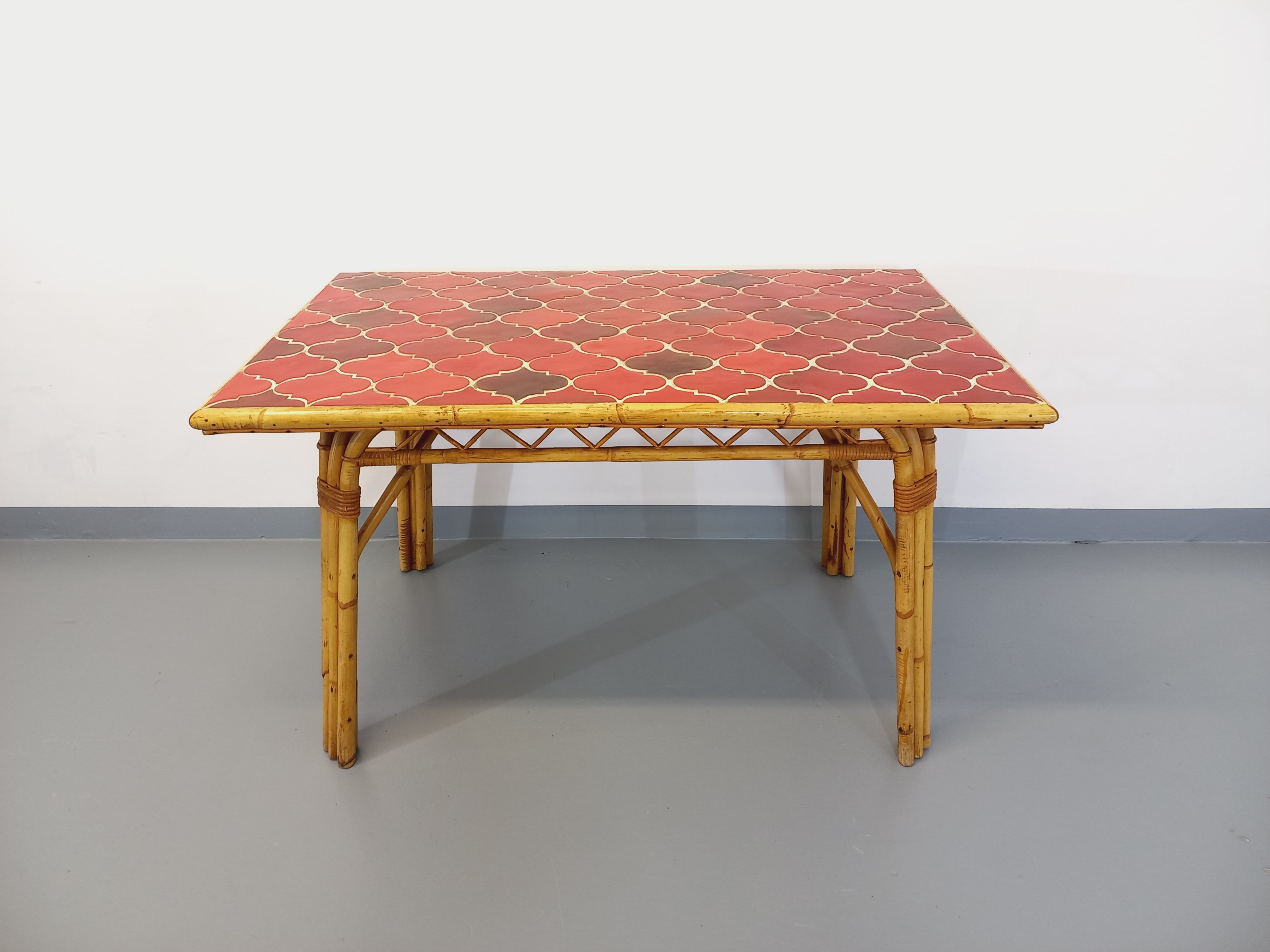 Vintage dining table in rattan and ceramic from Vallauris from the 50s and 60s