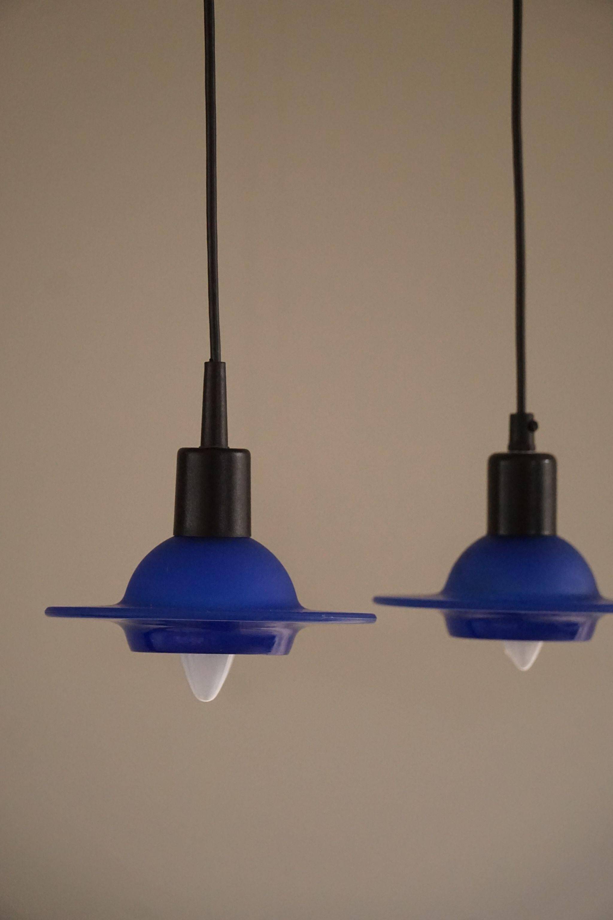 Set of 4 vintage blue glass pendants, made by Design Light A/S, Denmark, 1990s.