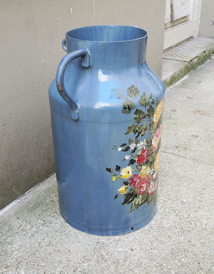 Old broc pot hand painted metal milk can