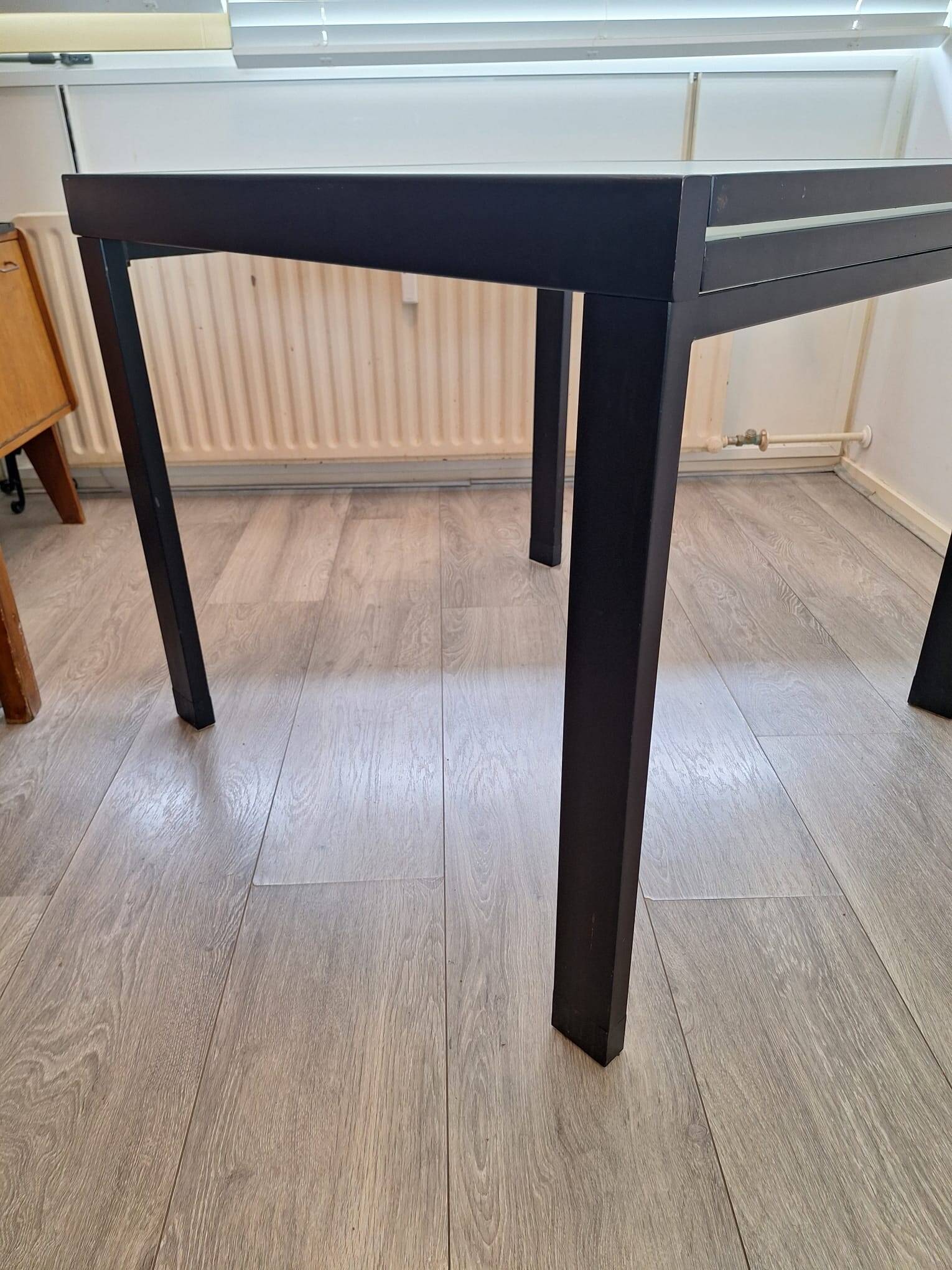 Italian metal table with frosted glass top, extendable.