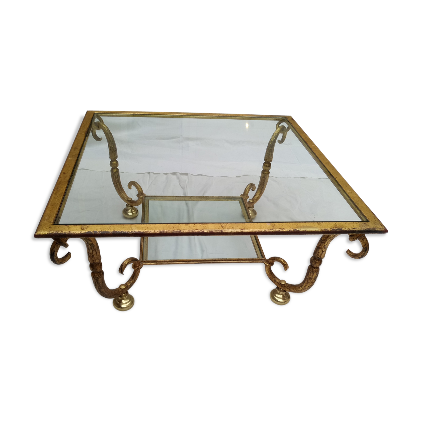 Glass table and wrought-iron gold leaf vintage
