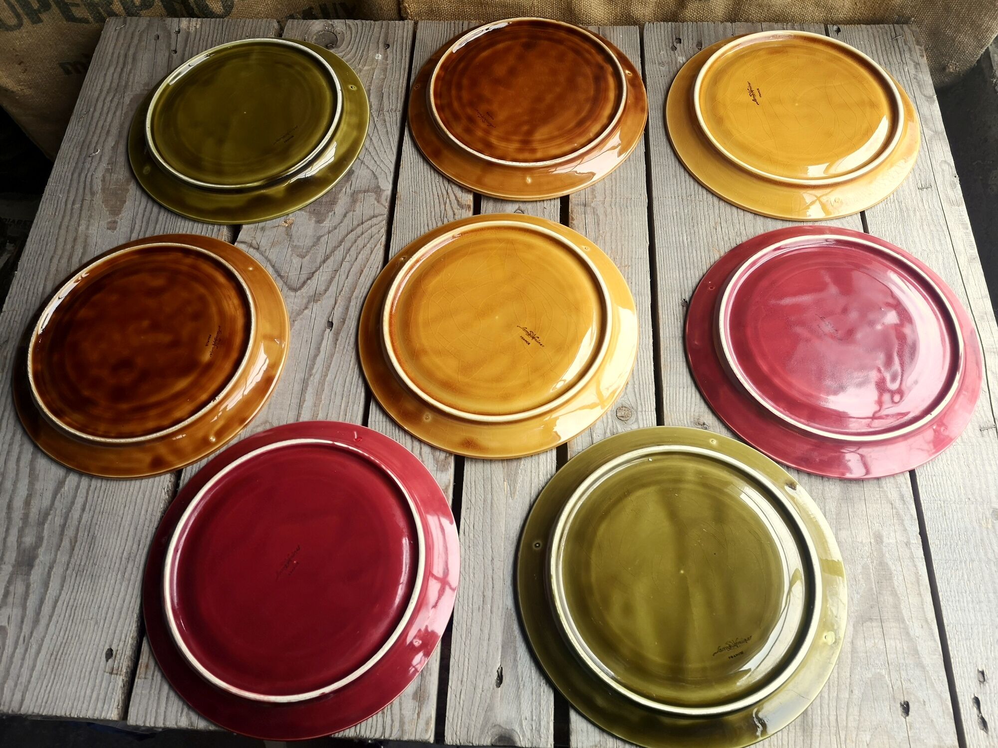 8 old ceramic fondue plates coloured Sarreguemines