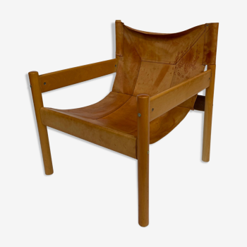Vintage safari armchair 1970s, cognac leather patina