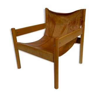 Fauteuil safari vintage des années 1970, cognac cuir patiné