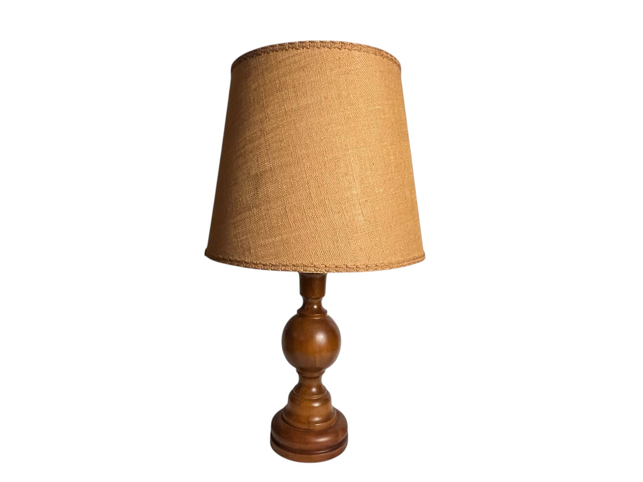 Vintage, large wooden base lamp with shade from around 1970.
