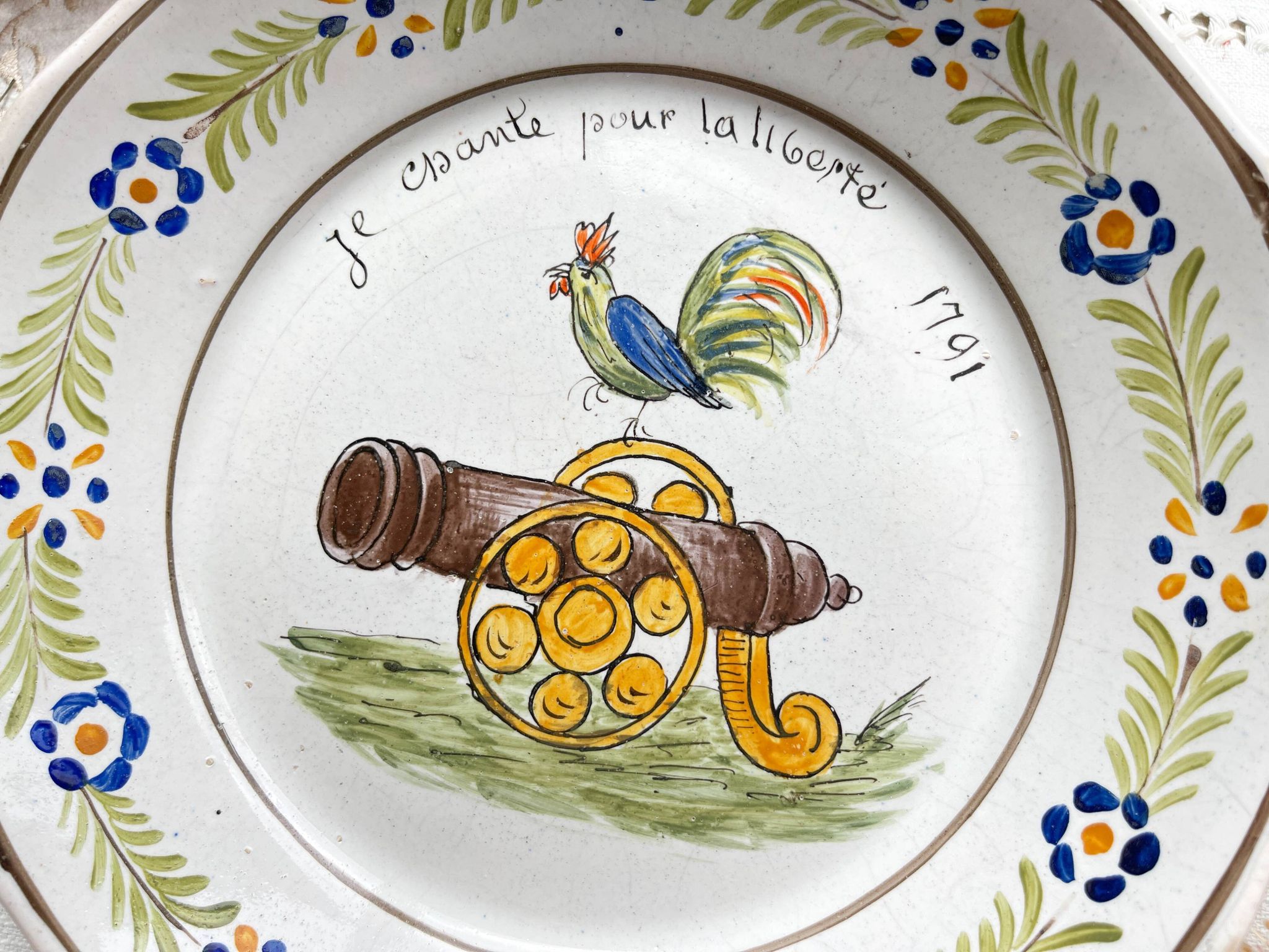 Antique French Earthenware Plate Revolutionary Rooster "I sing for freedom 1791" Nevers 19th century