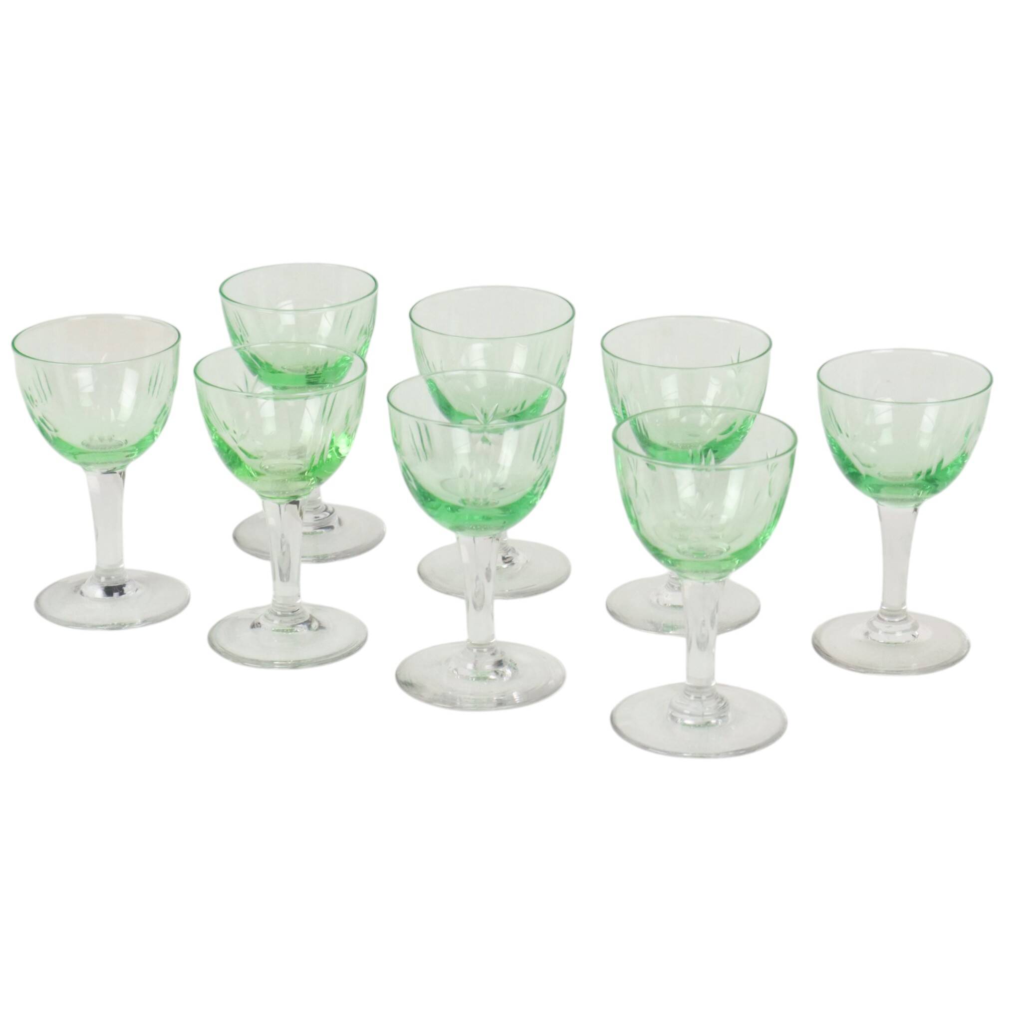 Set of 8 Val Saint Lambert Uranium Glass Aperitif Glasses