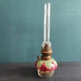 French vintage oil lamp with majolica and glass base