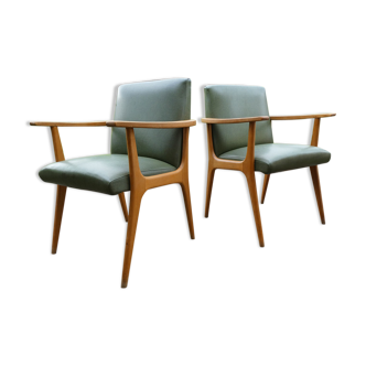 Pair of green Scandinavian armchairs with compass feet
