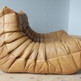 Camel brown leather Togo 2-seater sofa attributed to Michel Ducaroy for Ligne Roset
