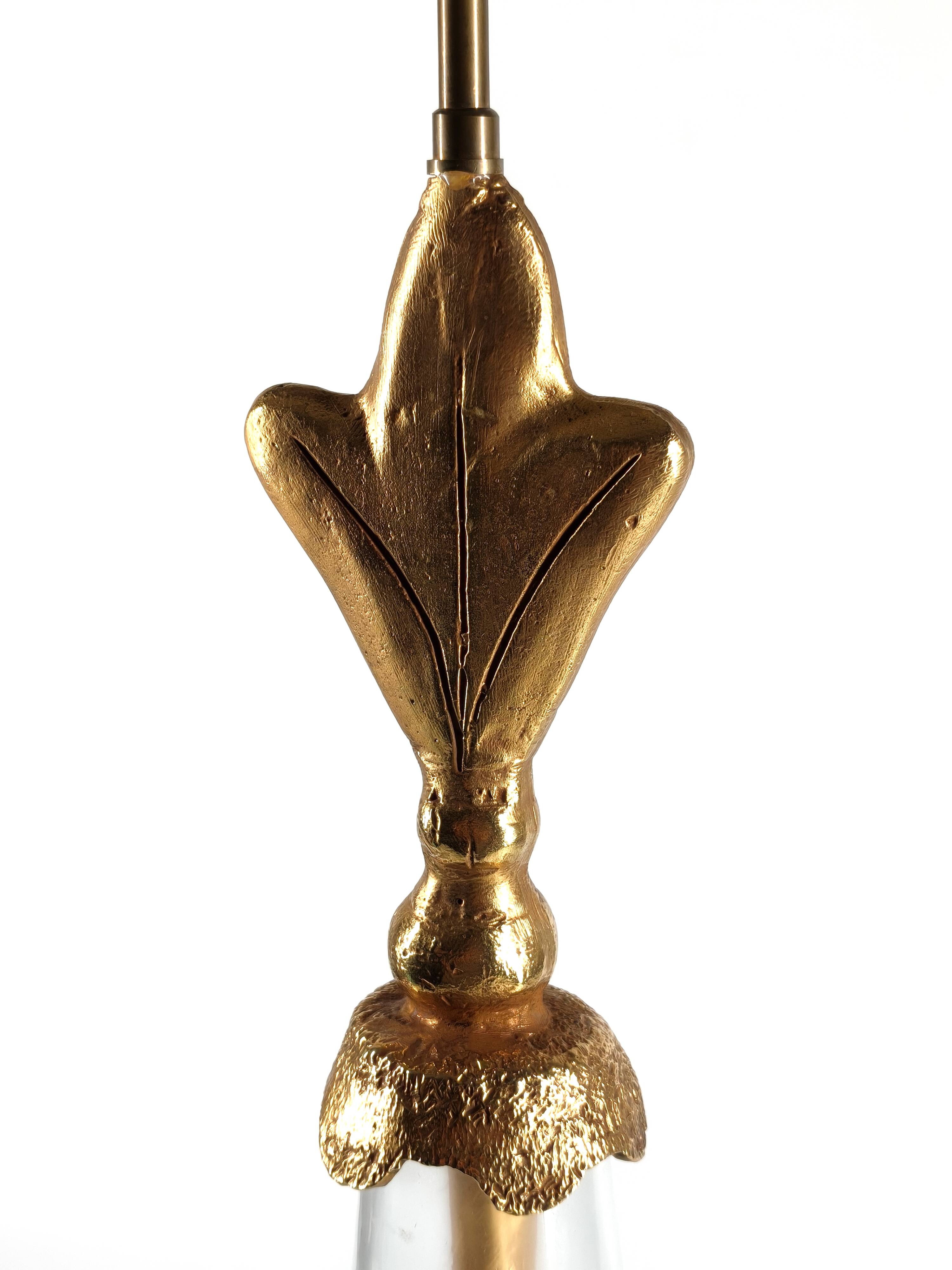 Vintage lamp base signed Pierre Casenove, gilded bronze, glass, 1970s.