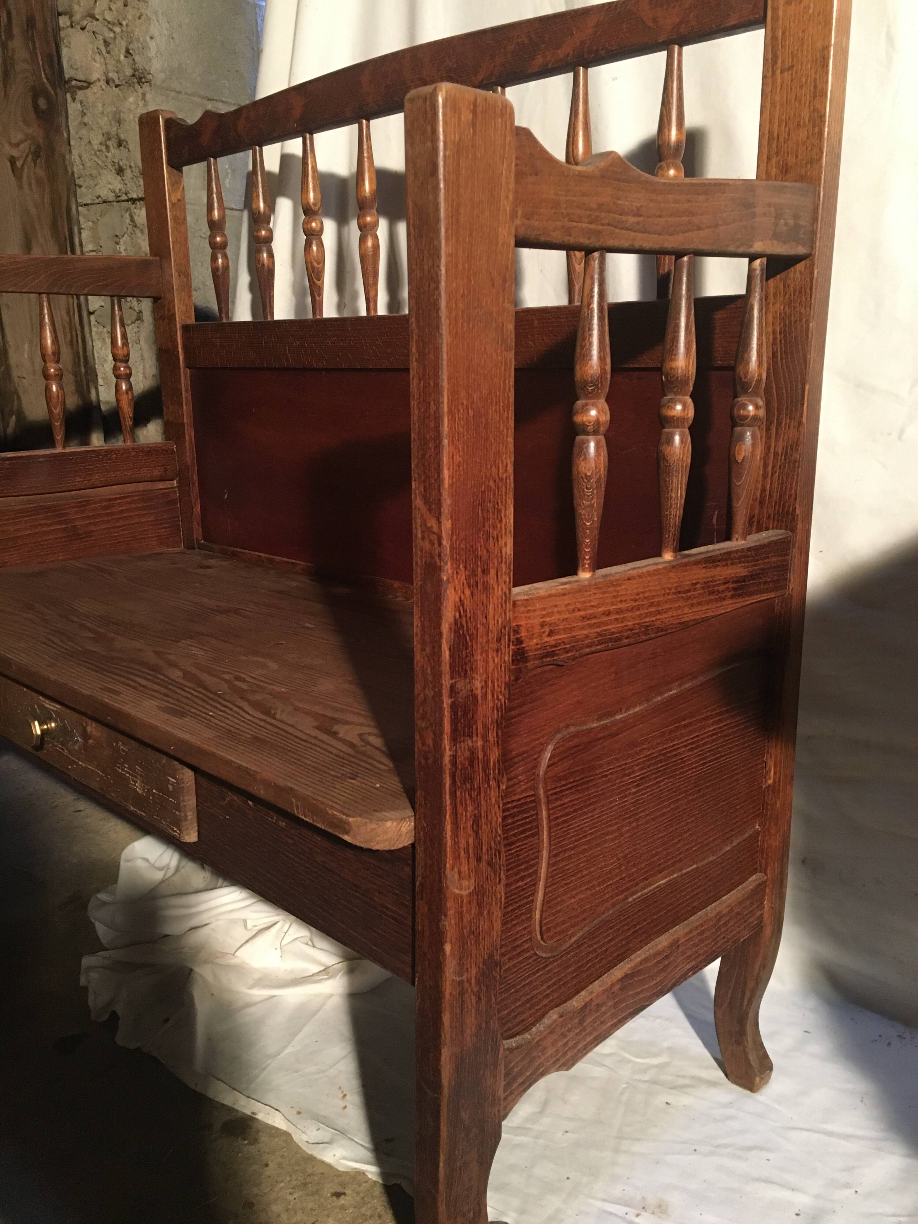 Beech baluster bench with drawer