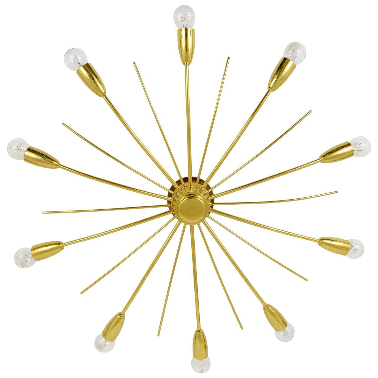 Large brass spider chandelier sun J.T. Kalmar Sonne, flush mount, Austria, 1950s