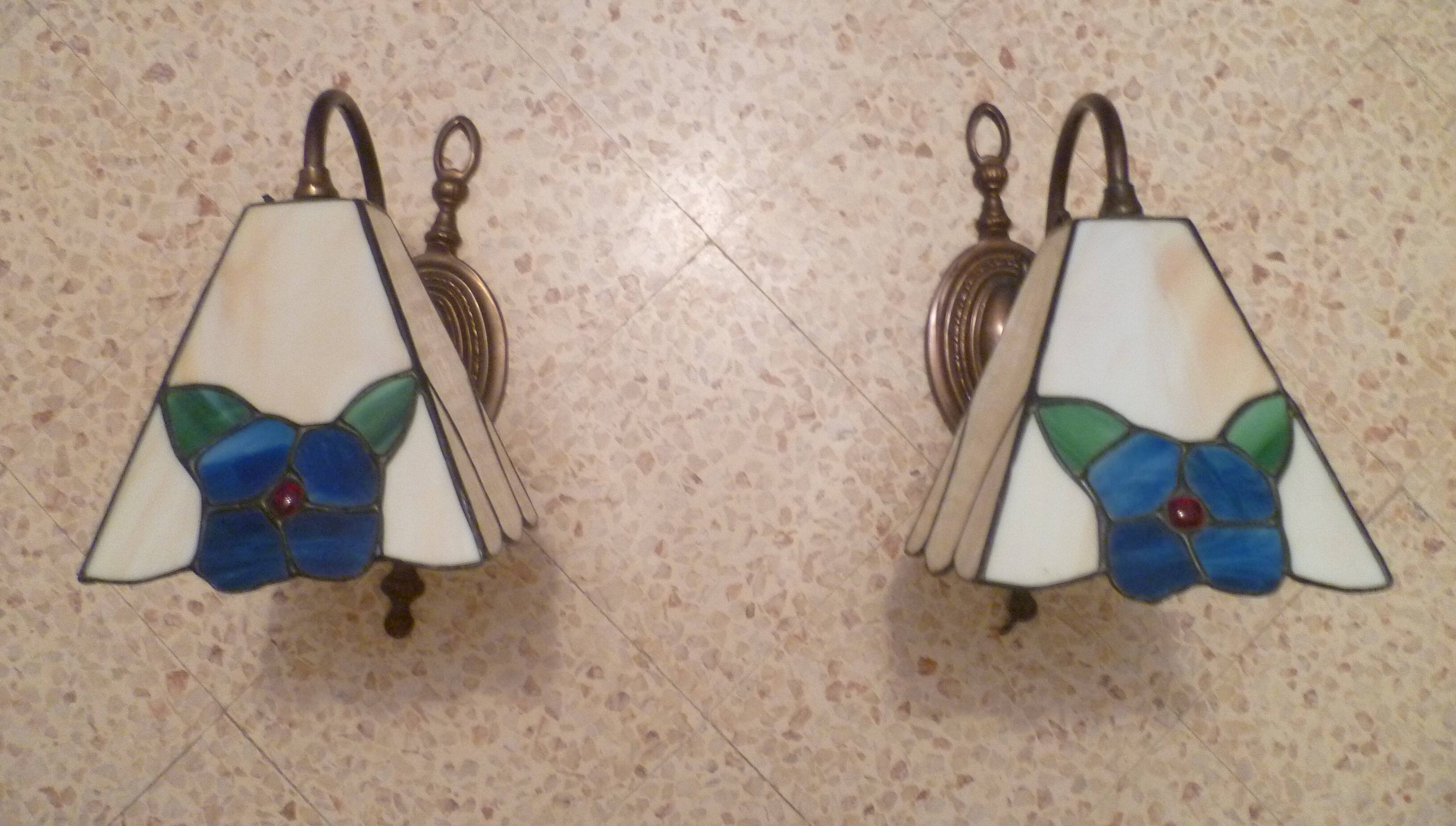 Pair of brass and color mosaic wall lights with floral pattern from the 70's