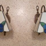 Pair of brass and color mosaic wall lights with floral pattern from the 70's