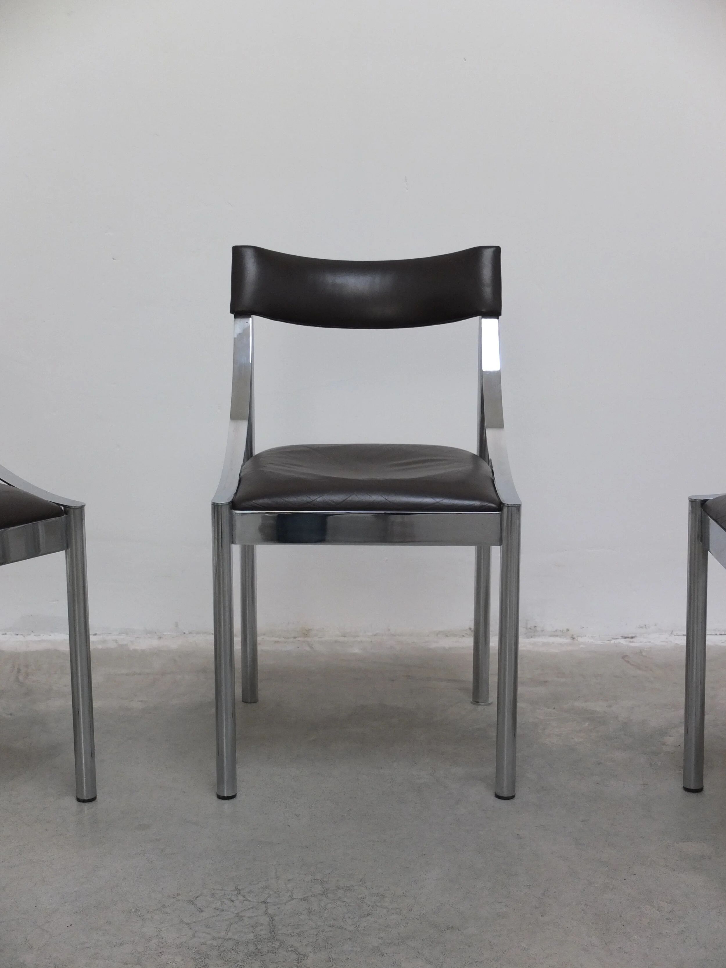 Set of 4 Italian chrome & leather dining chairs, 1970s