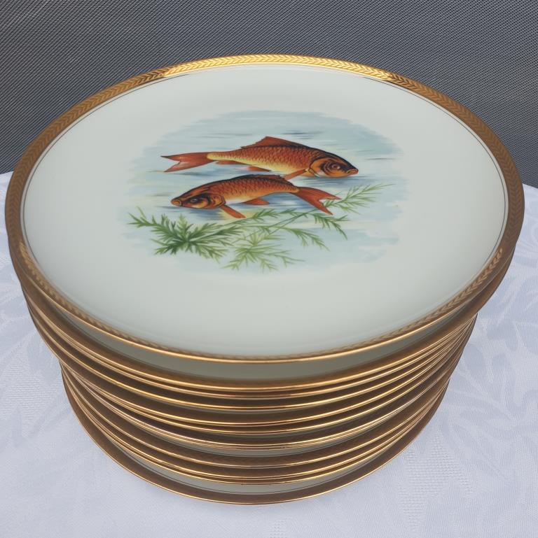 Set 12 plates porcelain fish edge laurel gold Bernardaud