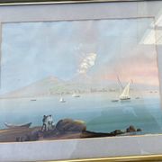 Gouache ancienne représentant une vue classique et animée de la bai