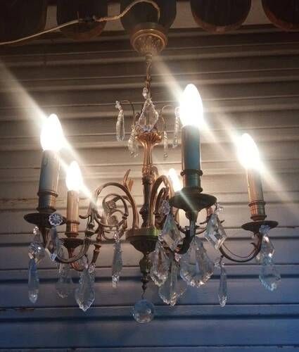 Antique gilded bronze and crystal chandelier with 5 lights / working condition l. gau?