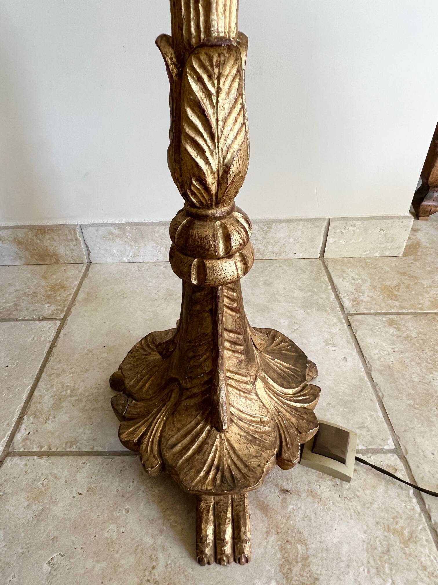 Late 19th century Art Nouveau wooden and gilded stucco floor lamp with fabric lampshade