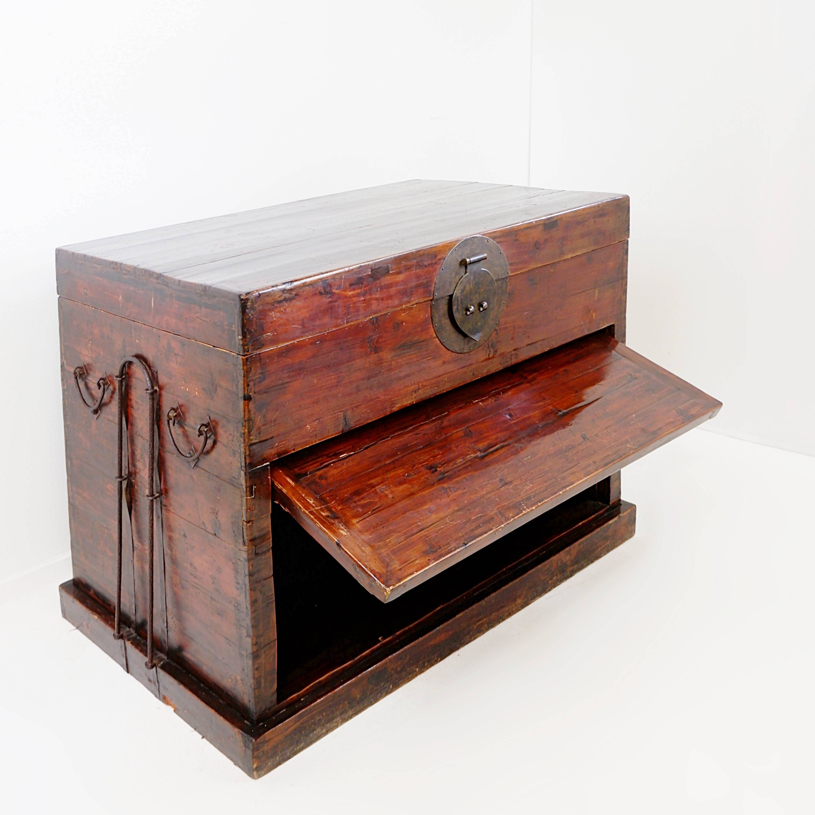 Ancient Japanese chest made of wood and iron.