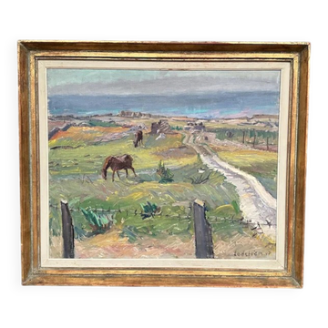 Original Swedish Oil on Canvas – "Coastal Scene with Horses" by Georg Lodström – Signed – 1947 – Framed – 77 × 66 cm