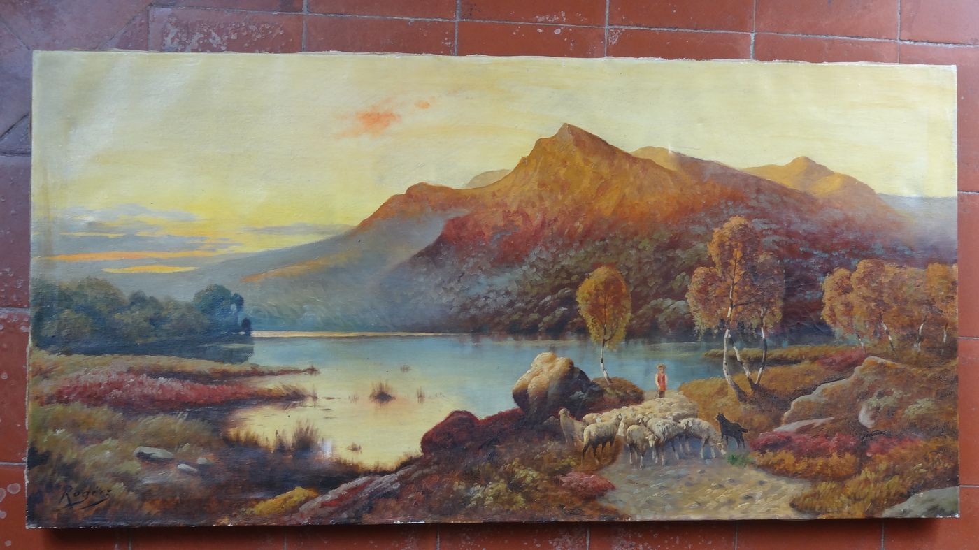Oil on canvas Animated landscape by the lake at dusk 120 x 60 cm signed Rogiez