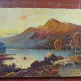 Oil on canvas Animated landscape by the lake at dusk 120 x 60 cm signed Rogiez