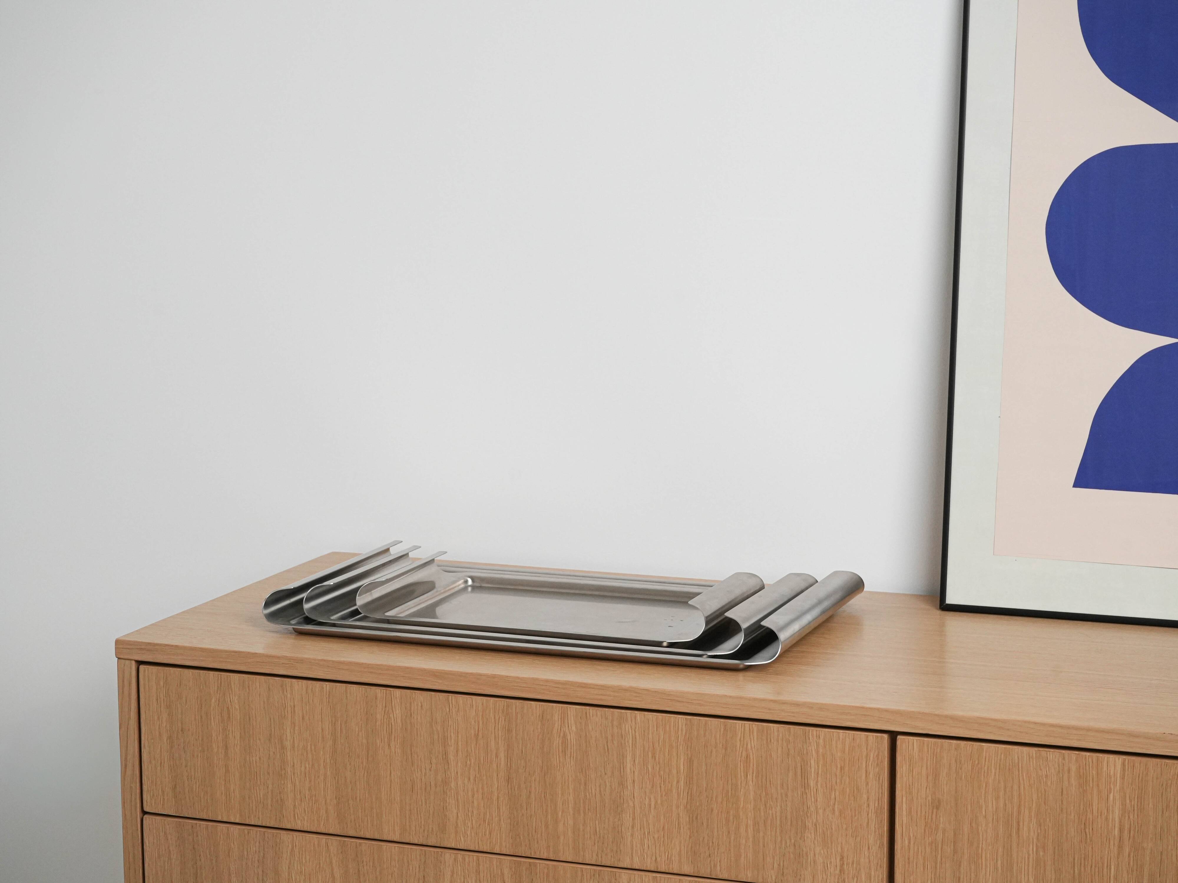 Set of stainless steel trays, Italian design, 1970s, made in Italy